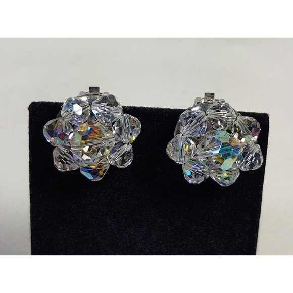 Aurora Borealis Crystal Cluster Clip On Earrings Vintage Mid 1900's - Picture 3 of 9